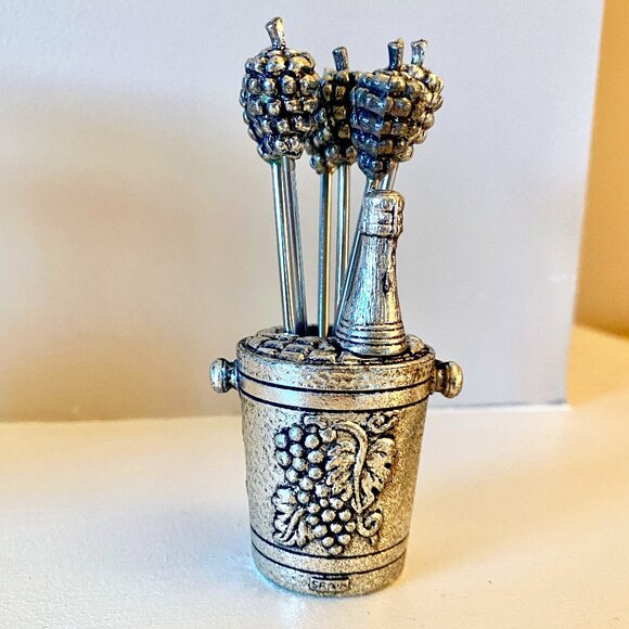 Luxury Champagne and Grapes Silver Plated Pewter Cocktail Forks - Picture 1 of 5